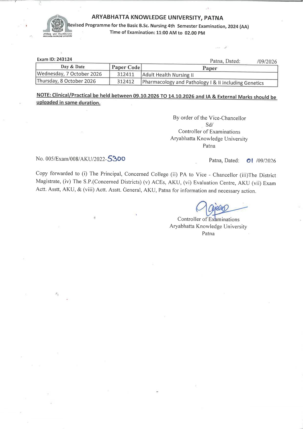Revised Programme for the Basic B.Sc. Nursing 4th Semester Examination, 2024 (AA)